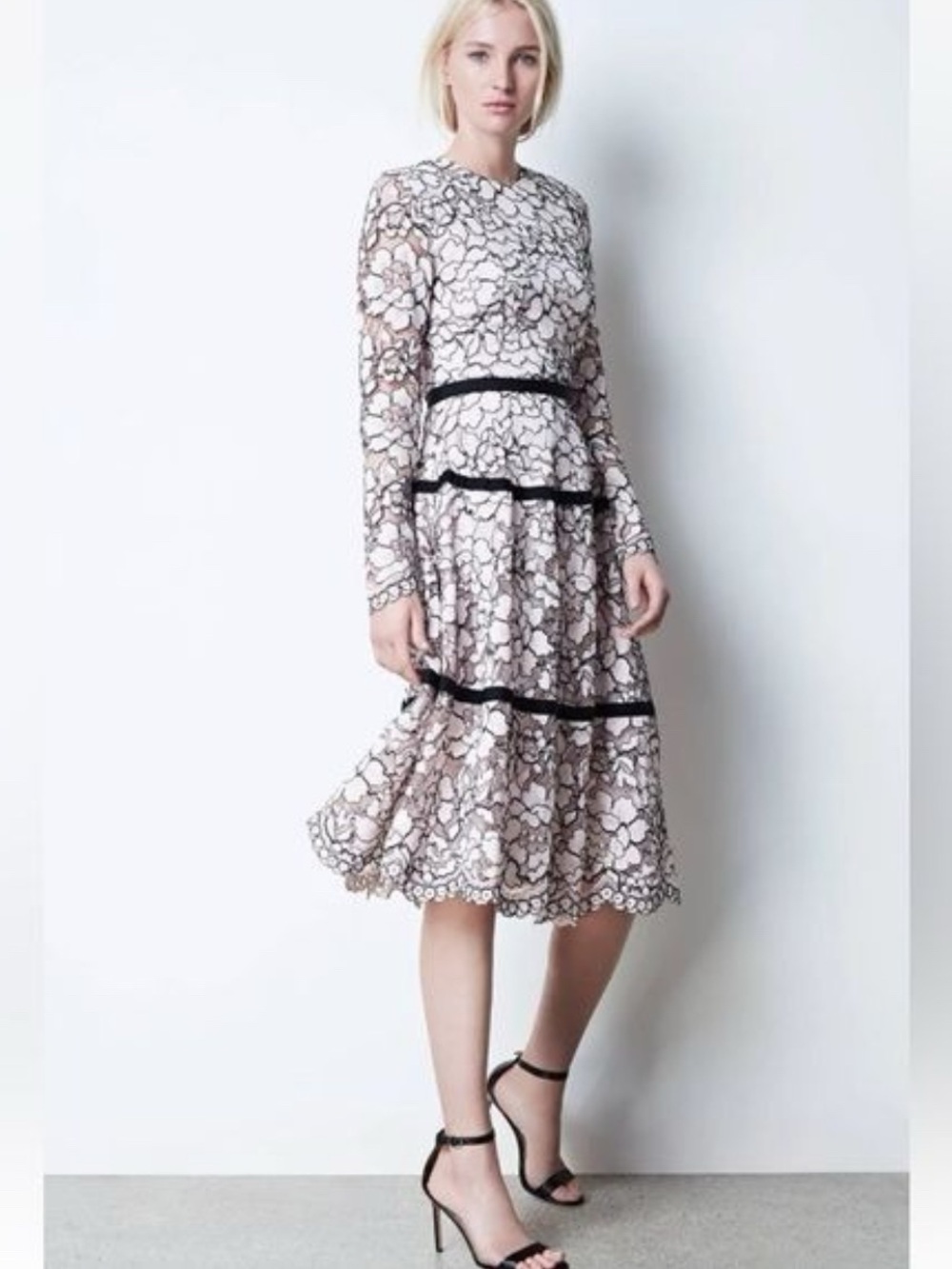 Lela Rose Floral Lace Tiered Midi Dress in White and Black 8